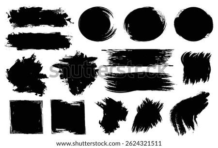 Hand drawn grunge ink splatter, brush strokes and lines, creative brush with rough edges. Abstract freehand doodle line borders. Black splashes isolated on black background.