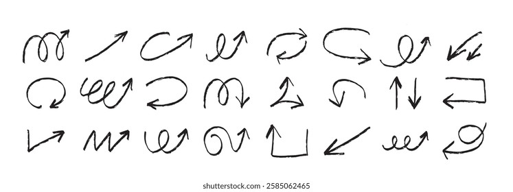 Hand drawn grunge ink textured arrows sketch set. Various different pointers collection isolated on white background. 