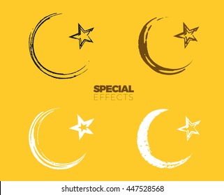 Hand drawn grunge islamic symbol, simple Muslim sign, vector sketch star and crescent template