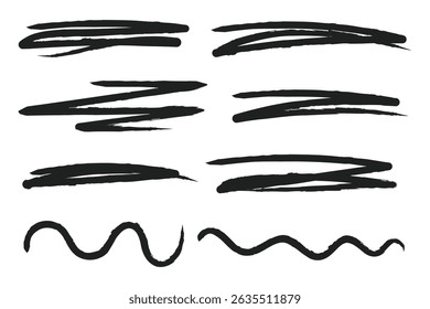 Hand drawn grunge lettering art lines. Swift chalk underline markers collection. Crayon brush underline stroke set. Vector illustration.