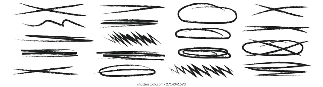 Handgezeichnete Grunge Marker Elemente einschließlich Unterstreichungen, Kreise und Kreuze. Horizontale Bleistiftlinien, Symbol für Markierungsstreifen. Vektorgrafik.