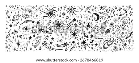 Hand drawn grunge pencil space background. Line crayon handwriting. Moon, Sun, Earth, Saturn planets, shooting stars, meteor, star clusters, comets, alien ufo spaceship. Childish chalk scribbles