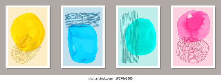 Hand drawn grunge postcards vector collection. Watercolor splats collage. Scandinavian style prints. Youth wall poster layouts. Scribble elements.