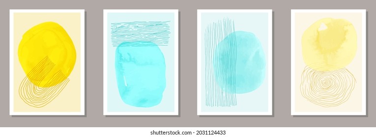 Hand drawn grunge posters vector set. Watercolor blotches collage. 20s style design. Cool office poster templates. Scribble elements.