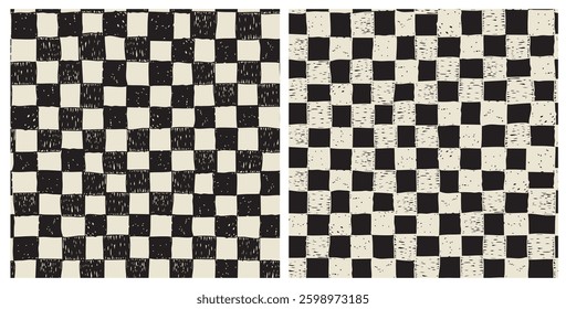 Hand drawn, grunge rectancles seamless repeat pattern in black and white. Set of two vector monochrome check boards aop, all over print.