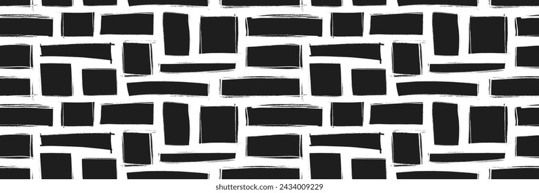 Dibujado a mano grunge rectángulos y cuadrados sin patrón. Formas rectas básicas, marcos rectangulares, franjas de negrita geométrica o ladrillos. Diseño de banner geométrico sin costuras. Fondo abstracto de la tecnología.