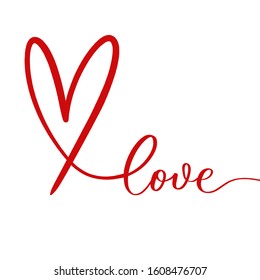 Hand drawn grunge red heart  vector with lettering.