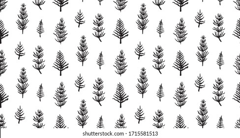 Hand drawn grunge seamless pattern with jurassic horsetails. Black and white dino vector background, fashion print for textile or decorations for kids.