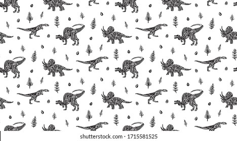 Hand drawn grunge seamless pattern with dinosaurs, horsetails and dinosaur eggs. Black and white dino vector background, fashion print for textile or decorations for kids.