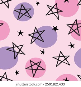 Hand drawn grunge seamless pattern. Pink purple background. Abstract doodle drawing pentagram. Vector art illustration stars