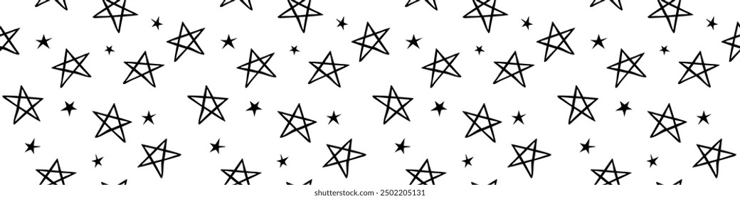 Hand drawn grunge seamless pattern. Black and white background. Abstract doodle drawing pentagram. Vector art illustration stars