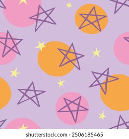 Hand drawn grunge seamless pattern. Pink purple background. Abstract doodle drawing pentagram. Vector art illustration stars