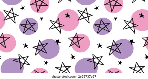 Hand drawn grunge seamless pattern. Pink purple background. Abstract doodle drawing pentagram. Vector art illustration stars
