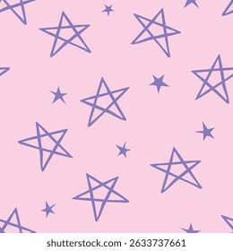 Hand drawn grunge seamless pattern. Cute pink girlish baby background with stars. Abstract light night sky. Vector doodle drawing pentagram