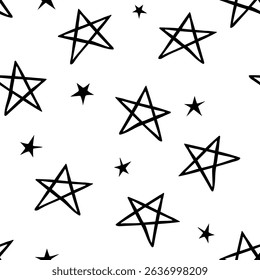 Hand drawn grunge seamless pattern. Black and white background. Abstract doodle drawing pentagram. Vector art illustration stars