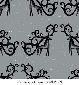 Hand drawn grunge seamless pattern with deers. 