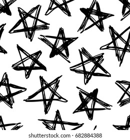Hand drawn grunge seamless pattern. Black and white background. Abstract  doodle drawing pentagram. Vector art illustration stars