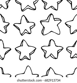 Hand drawn grunge seamless pattern. Black and white background. Abstract  doodle drawing. Vector art illustration stars