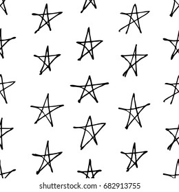 Hand drawn grunge seamless pattern. Black and white background. Abstract  doodle drawing pentagram. Vector art illustration stars