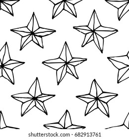 Hand drawn grunge seamless pattern. Black and white background. Abstract  doodle drawing. Vector art illustration stars