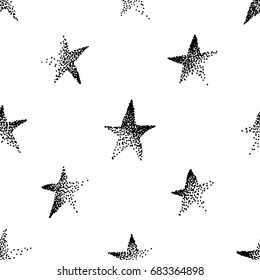 Hand drawn grunge seamless pattern. Black and white background. Abstract  doodle drawing. Vector art illustration stars
