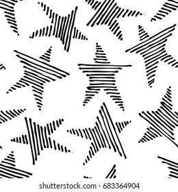 Hand drawn grunge seamless pattern. Black and white background. Abstract  doodle drawing. Vector art illustration stars