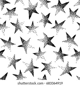 Hand drawn grunge seamless pattern. Black and white background. Abstract  doodle drawing. Vector art illustration stars