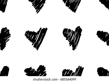 Hand drawn grunge seamless pattern. Black and white female background. Abstract  doodle drawing. Vector art illustration hearts