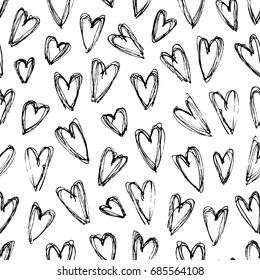 Hand drawn grunge seamless pattern. Black and white female background. Abstract  doodle drawing. Vector art illustration hearts