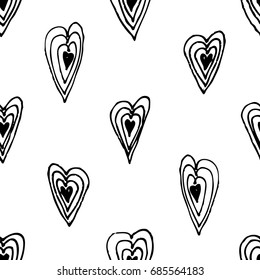 Hand drawn grunge seamless pattern. Black and white female background. Abstract  doodle drawing. Vector art illustration hearts