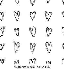 Hand drawn grunge seamless pattern. Black and white female background. Abstract  doodle drawing. Vector art illustration hearts