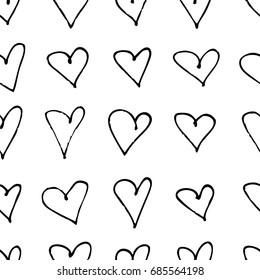 Hand drawn grunge seamless pattern. Black and white female background. Abstract  doodle drawing. Vector art illustration hearts