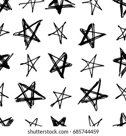 Hand drawn grunge seamless pattern. Black and white background. Abstract  doodle drawing. Vector art illustration stars