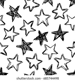 Hand drawn grunge seamless pattern. Black and white background. Abstract  doodle drawing. Vector art illustration stars