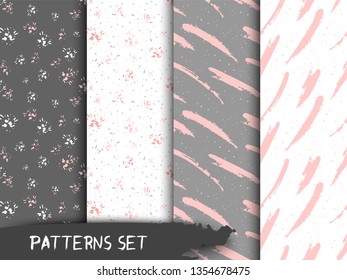 Hand drawn grunge seamless patterns with stripes and blots, grey and pink hand drawn elements. Vector.