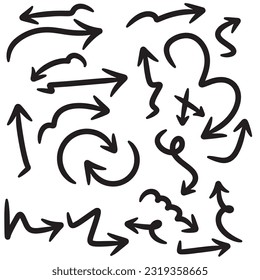 Hand drawn a grunge set of doodle arrows isolated on white background.