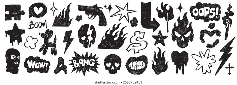 Hand drawn grunge shape set, vector crayon texture rock punk music design object, flame sticker. Dark scratch abstract print, skull silhouette, rebel urban street art graphic collection. Grunge shape