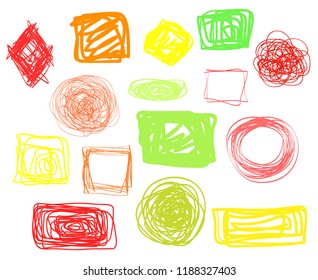 Hand drawn grunge signs. Infographic elements on isolated background. Big set on white. Simple tangled symbols. Doodles for design. Line art. Sketchy abstract circles, ovals and rectangle frames