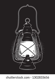 Hand drawn grunge sketch vintage oil lantern or kerosene lamp isolated. T-shirt print or poster design. Vector illustration.