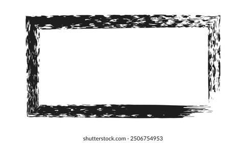 Hand drawn Grunge square rectangle frames. Ink empty black box. Rectangle border drawn by dry brush. Textured Rubber square stamp imprint. Dirt distress border isolated on background 