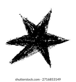 Estrella grunge dibujada a mano con tiza áspera, bordes texturizados de carbón. Ilustración vectorial negra en negrita sobre fondo transparente. Adecuado para obras de arte retro, abstracto y punk