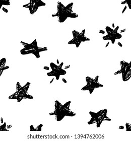 Hand drawn grunge stars seamless pattern. Modern ink background. Dry brush print with stars for decoration. Vector illustration.