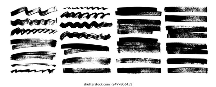 Hand drawn grunge straight and wavy brush strokes collection. Thick texture lines and bold brush strokes. Abstract grunge horizontal stripes and waves. Design elements, banners for text, underlines.