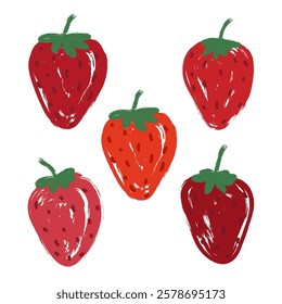Hand Drawn Grunge Strawberries Set. Modern Bold Strawberries in Grungy Punk Style. Creative brush painted strawberries.