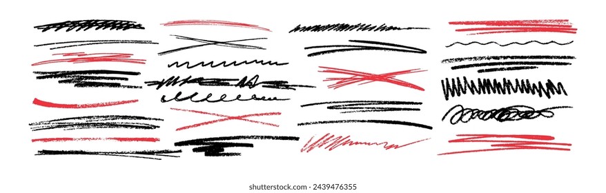 Hand drawn grunge strikethrough, charcoal underlines, scribbles and strokes. Red and black pencil highlight lines, chalk squiggles, marker crosses isolated on white background. Doodle vector elements.