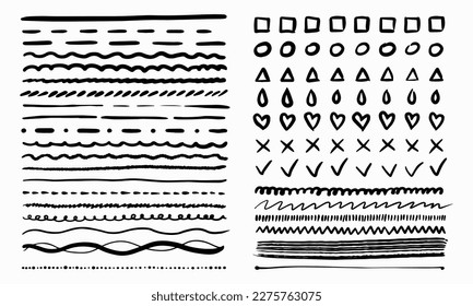 Hand drawn grunge strokes. Set of lines, hand drawn dividers, doodle underlines, different thickness brush stripes. Vector illustration isolated on white background