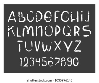 Hand drawn grunge style alphabet. Vector chalk font. Handwritten collection of letters and numbers.
