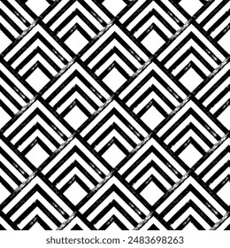 Hand drawn grunge style seamless pattern. Black and white textured geometric background. Ancient japanese scallops motif. Great for textile, fabric, wallpaper, wrapping and packaging