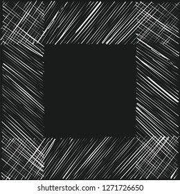 Hand drawn grunge texture frame. Stock vector illustration of hatchy white strokes forming a square frame on dark background.