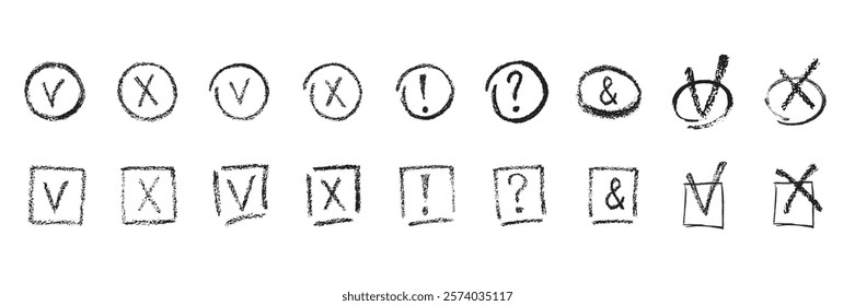 Hand drawn grunge texture tick, mark, checkboxes, correct or wrong symbols set. Chalk or crayon effect vector elements isolated on white background for underline in business presentation, checklist